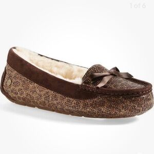 UGG Rylee Sheepskin Bow Slippers Moccasins Chocolate Brown/Bronze Gold Glitter 9